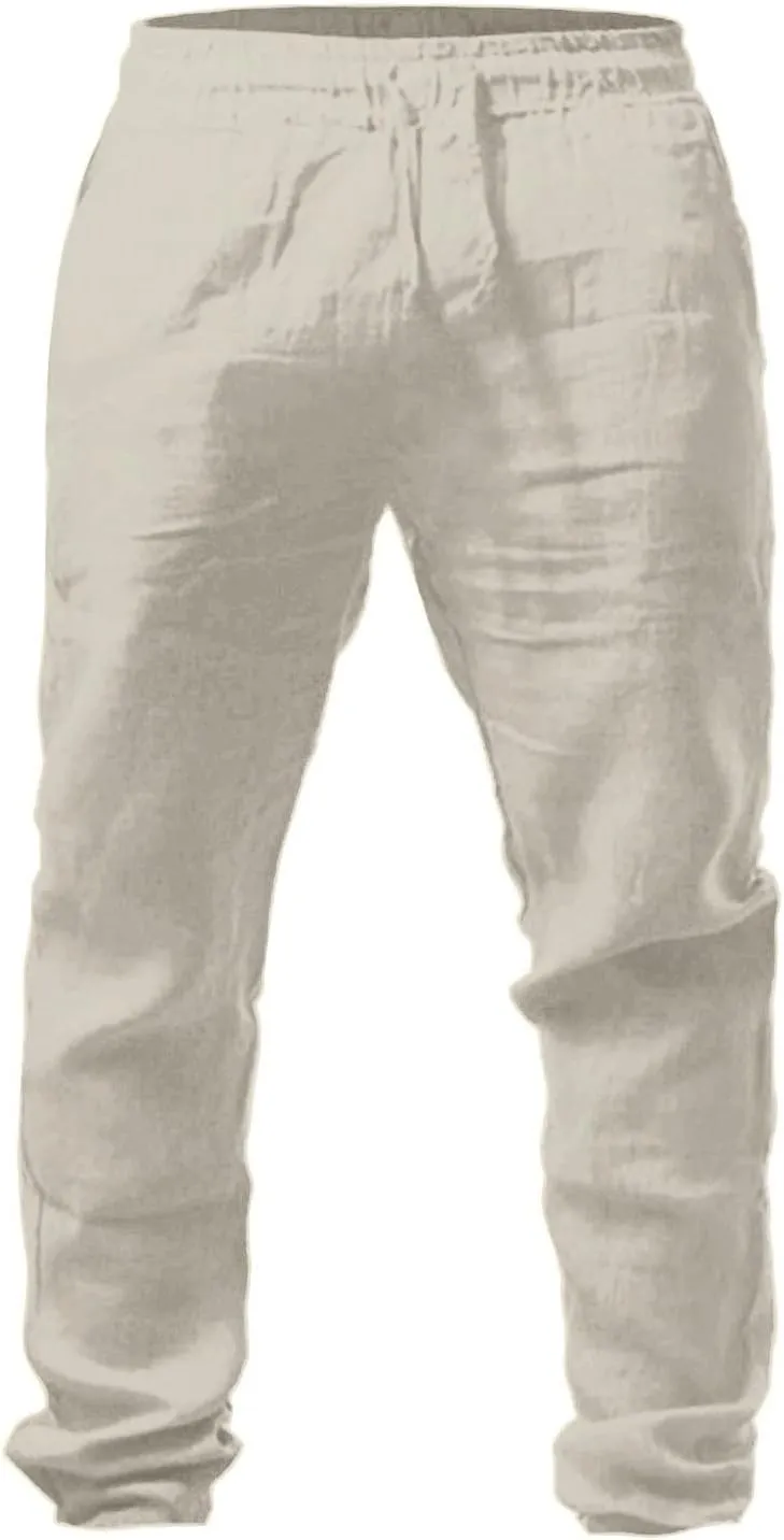 Men's Linen Pants, Casual Lightweight Beach Summer Pants Elastic Waist Workout Slim Fit Trousers, Sweatpants for Mens