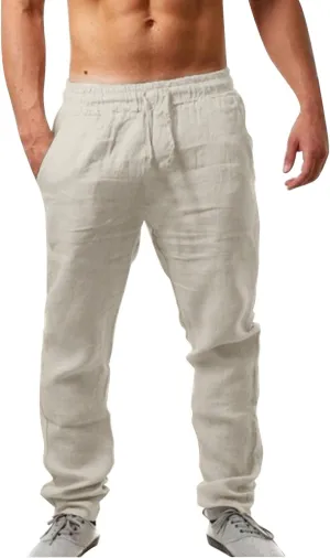Men's Linen Pants, Casual Lightweight Beach Summer Pants Elastic Waist Workout Slim Fit Trousers, Sweatpants for Mens