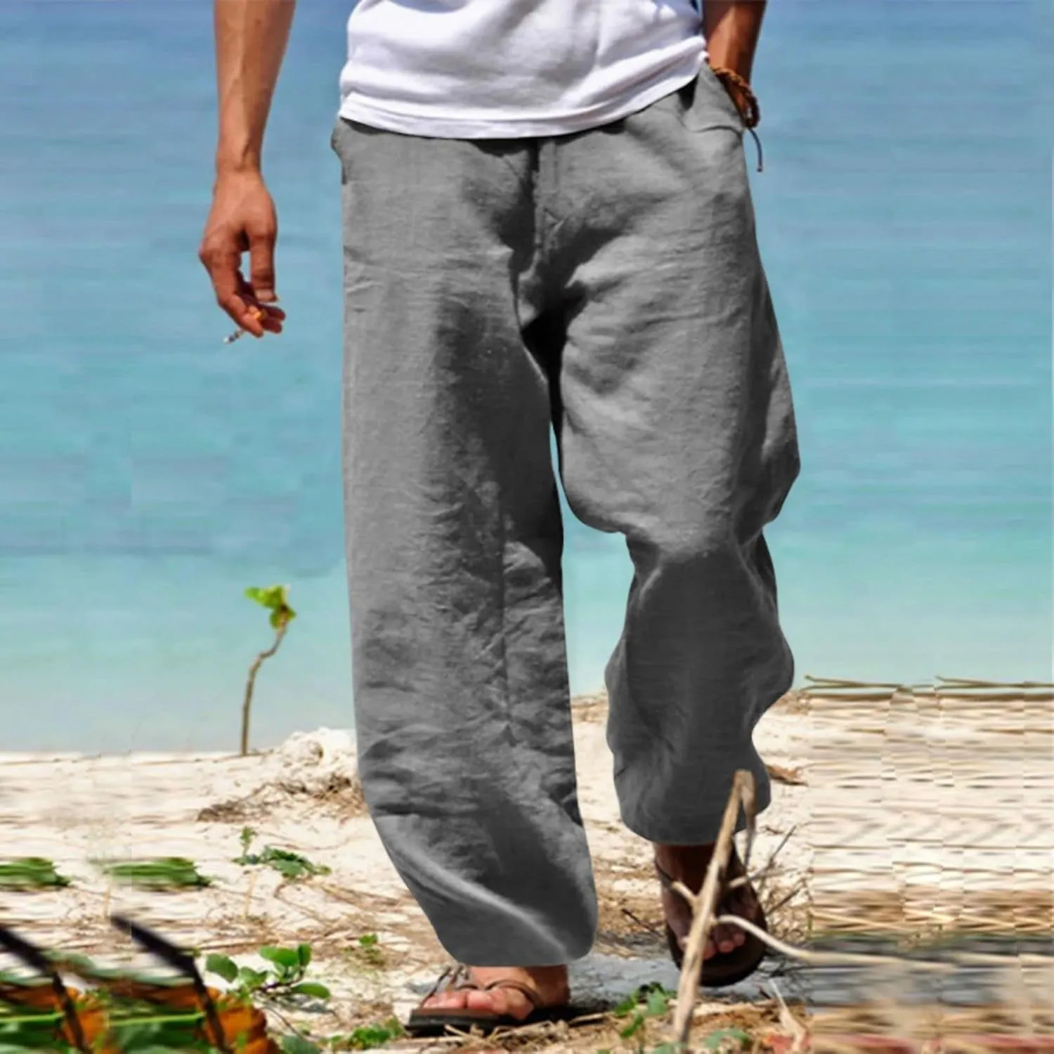 Men's Linen Pants Loose Fit Yoga Beach Pants Slim Fit Capri Trousers with Elastic Waist for Casual Summer Wear