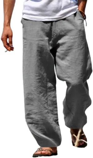 Men's Linen Pants Loose Fit Yoga Beach Pants Slim Fit Capri Trousers with Elastic Waist for Casual Summer Wear