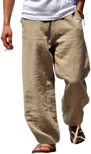 Men's Linen Pants Loose Fit Yoga Beach Pants Slim Fit Capri Trousers with Elastic Waist for Casual Summer Wear
