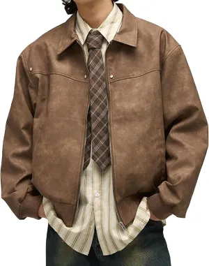 Mens Loose Bomber Leather Jacket Vintage Zipper Motorcycle Leathers Coat Winter Lapel Trucker PU Jackets
