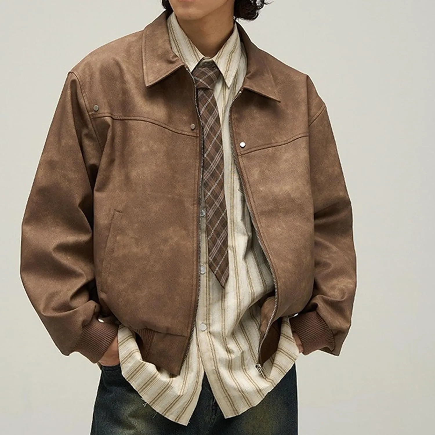 Mens Loose Bomber Leather Jacket Vintage Zipper Motorcycle Leathers Coat Winter Lapel Trucker PU Jackets