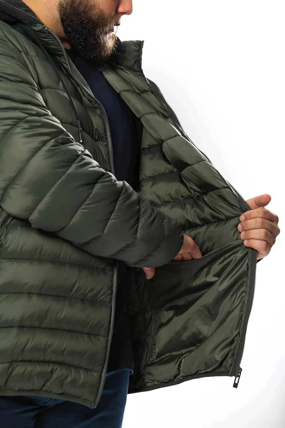 Men's Plus Size Puffer Jacket  Lightweight Hooded Insulated Winter Coat, Windproof, Zipper Down Jacket, Warm & Durable
