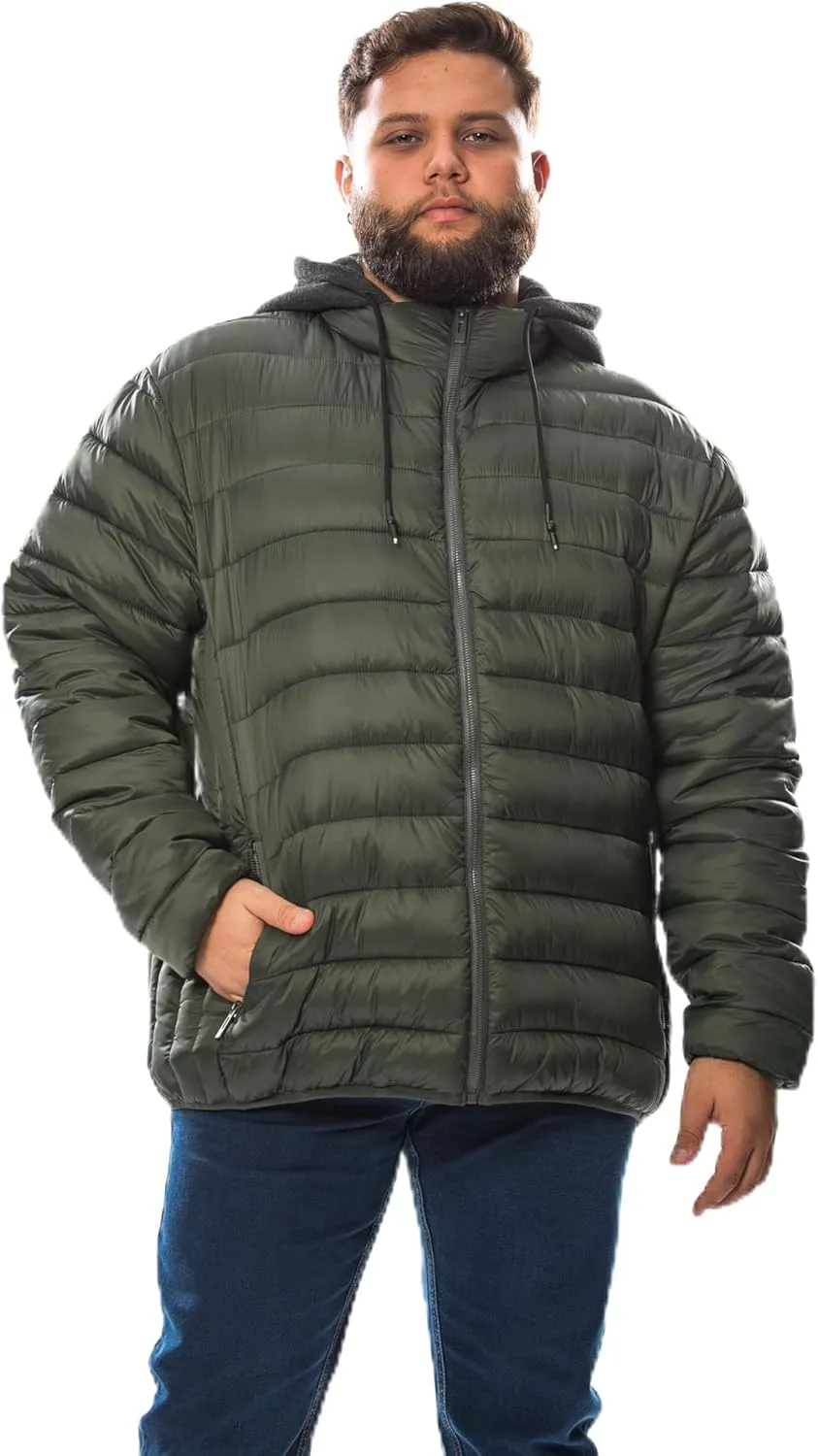 Men's Plus Size Puffer Jacket  Lightweight Hooded Insulated Winter Coat, Windproof, Zipper Down Jacket, Warm & Durable