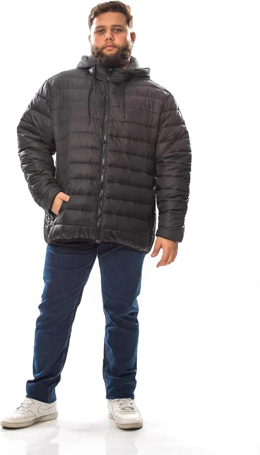 Men's Plus Size Puffer Jacket  Lightweight Hooded Insulated Winter Coat, Windproof, Zipper Down Jacket, Warm & Durable