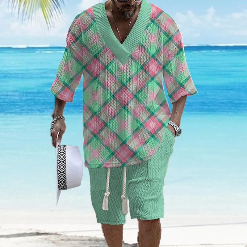 Men's Printed Short Sleeve Shorts Textured Set 12937710YY