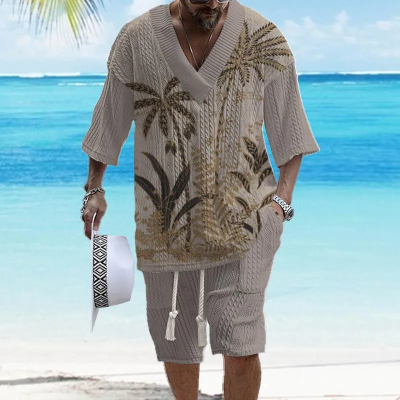Men's Printed Short Sleeve Shorts Textured Set 18432029YY