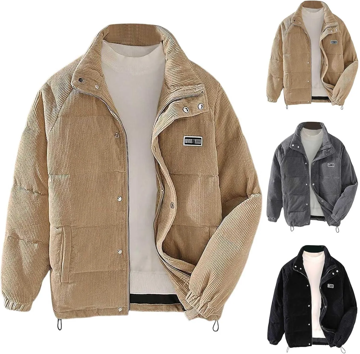 Mens Quilted Jacket Stand Collar Casual Zip Up Lightweight Down Jacket Drawstring Button Winter Coat with Pockets