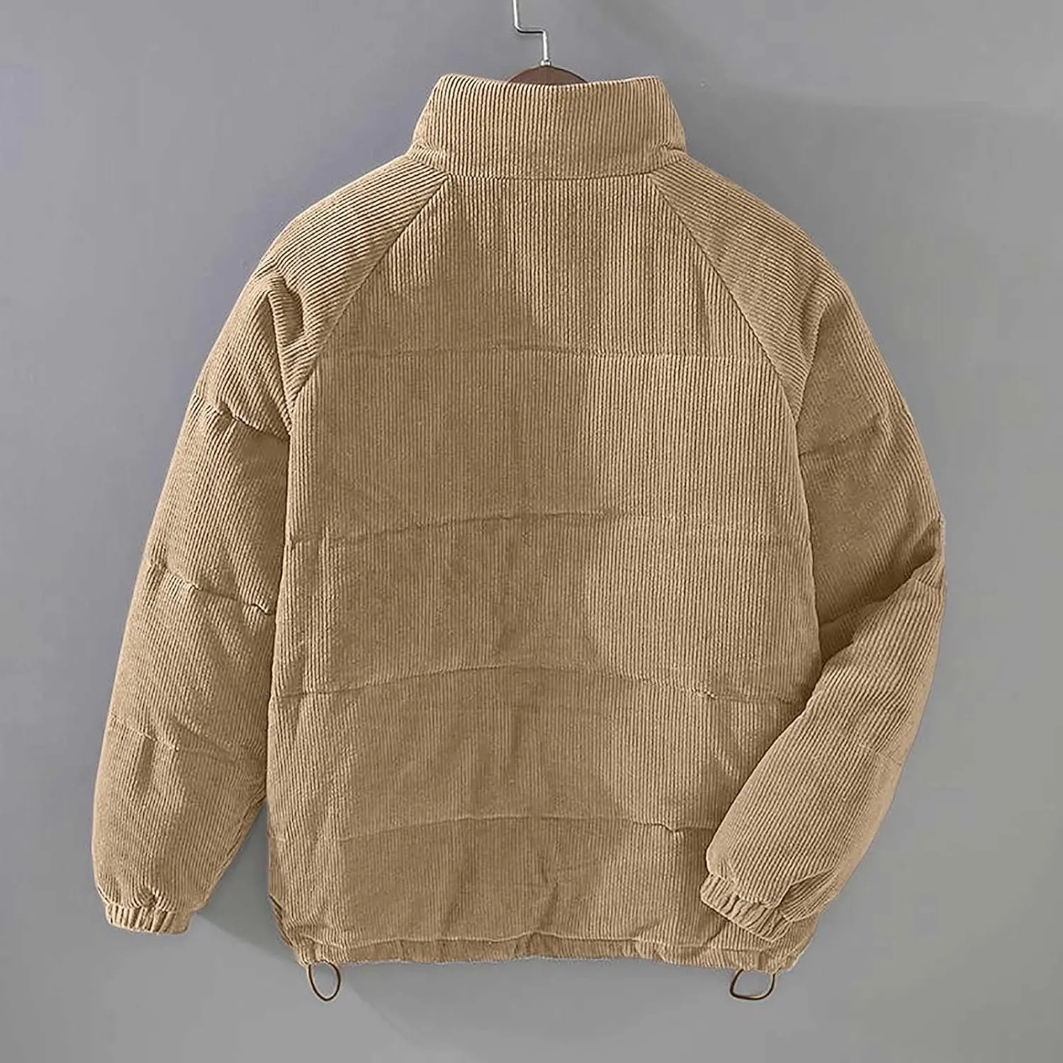 Mens Quilted Jacket Stand Collar Casual Zip Up Lightweight Down Jacket Drawstring Button Winter Coat with Pockets