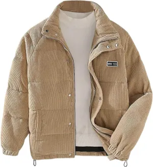 Mens Quilted Jacket Stand Collar Casual Zip Up Lightweight Down Jacket Drawstring Button Winter Coat with Pockets