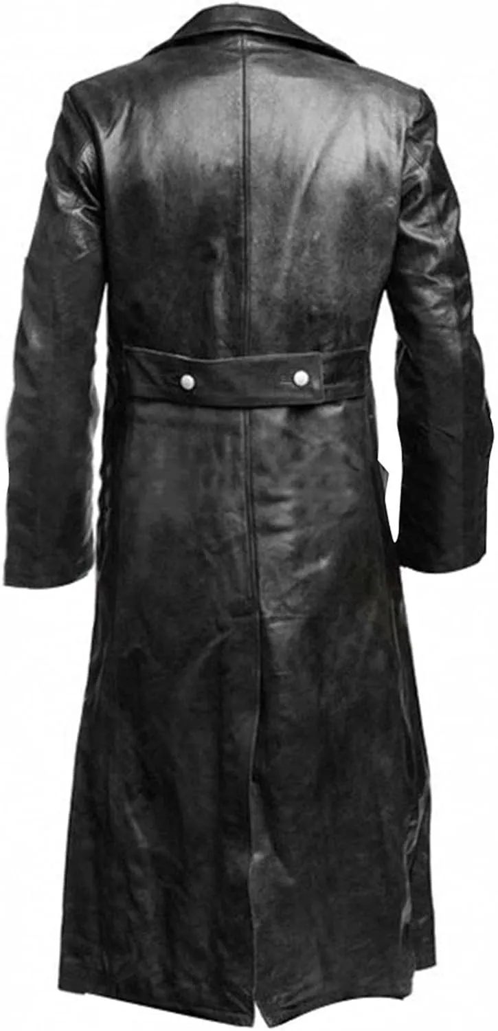 Mens Retro Leather Vintage Long Coat Trench Steampunk Gothic Jacket Overcoat Fashion Leather Gothic