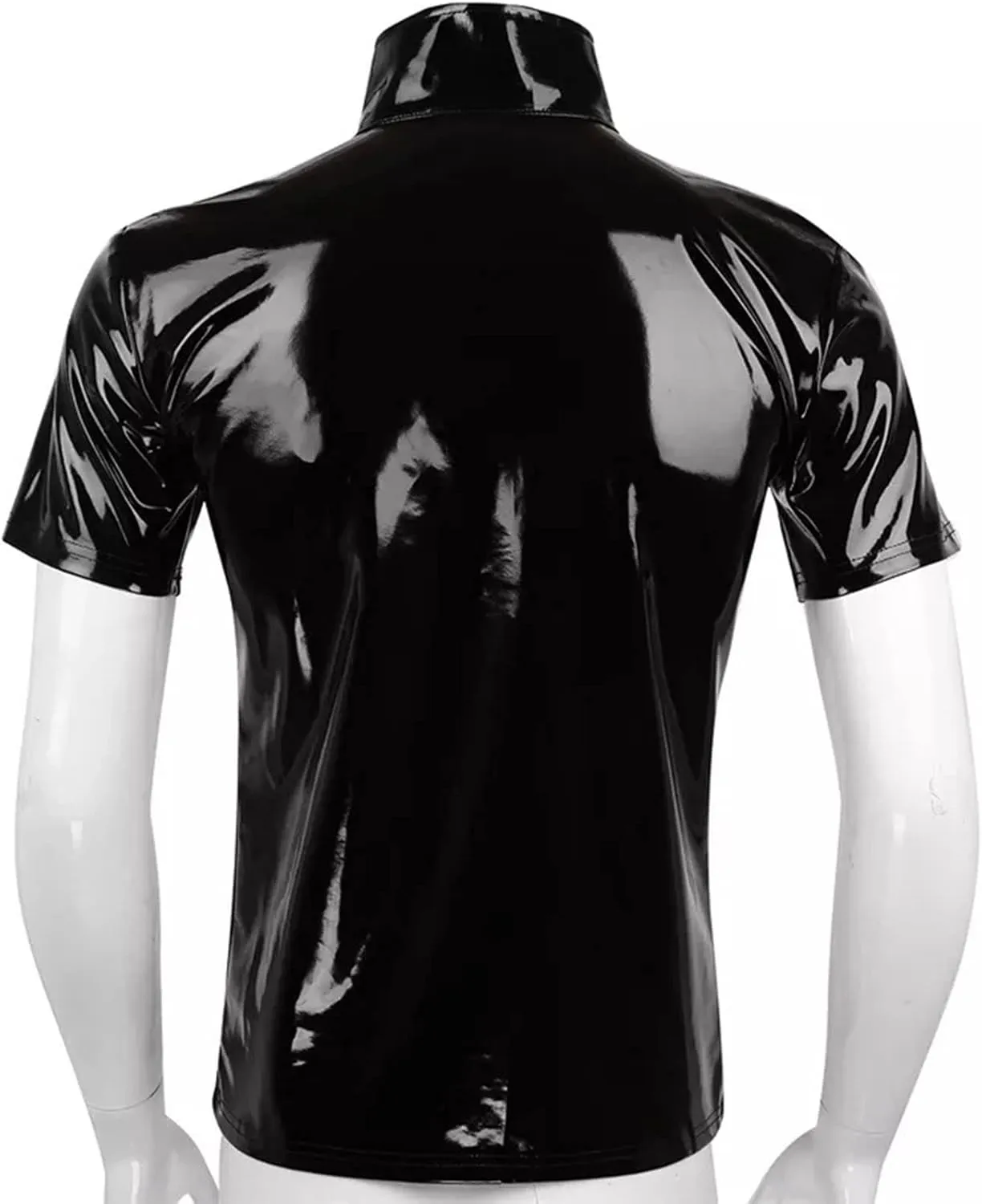 Men's Shiny Latex Patent Leather Blouse Zipper Stand Collar Vest Short Sleeve Casual Shirt Jacket Tops Clubwear