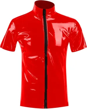 Men's Shiny Latex Patent Leather Blouse Zipper Stand Collar Vest Short Sleeve Casual Shirt Jacket Tops Clubwear