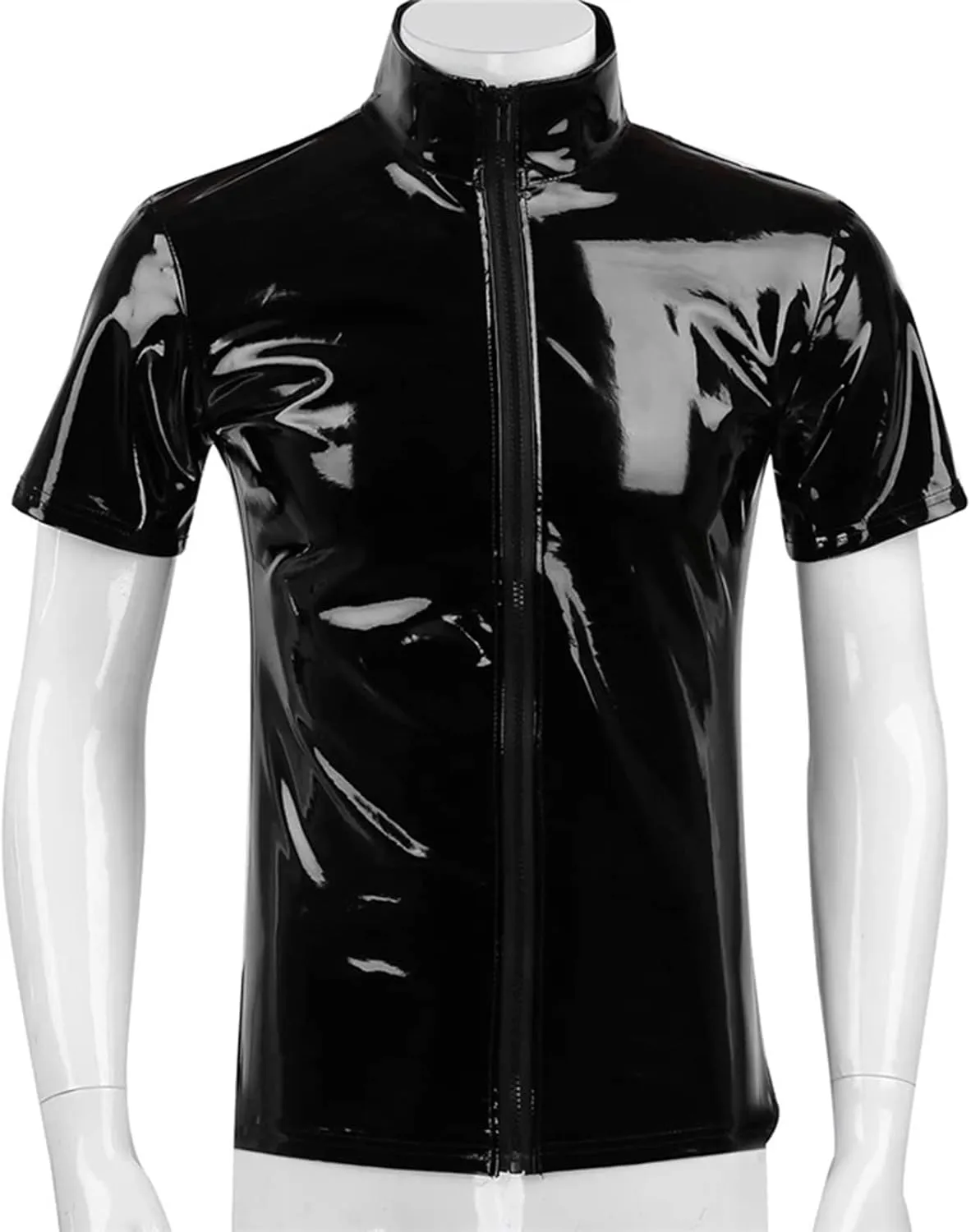 Men's Shiny Latex Patent Leather Blouse Zipper Stand Collar Vest Short Sleeve Casual Shirt Jacket Tops Clubwear