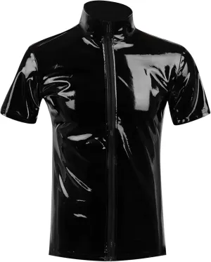 Men's Shiny Latex Patent Leather Blouse Zipper Stand Collar Vest Short Sleeve Casual Shirt Jacket Tops Clubwear