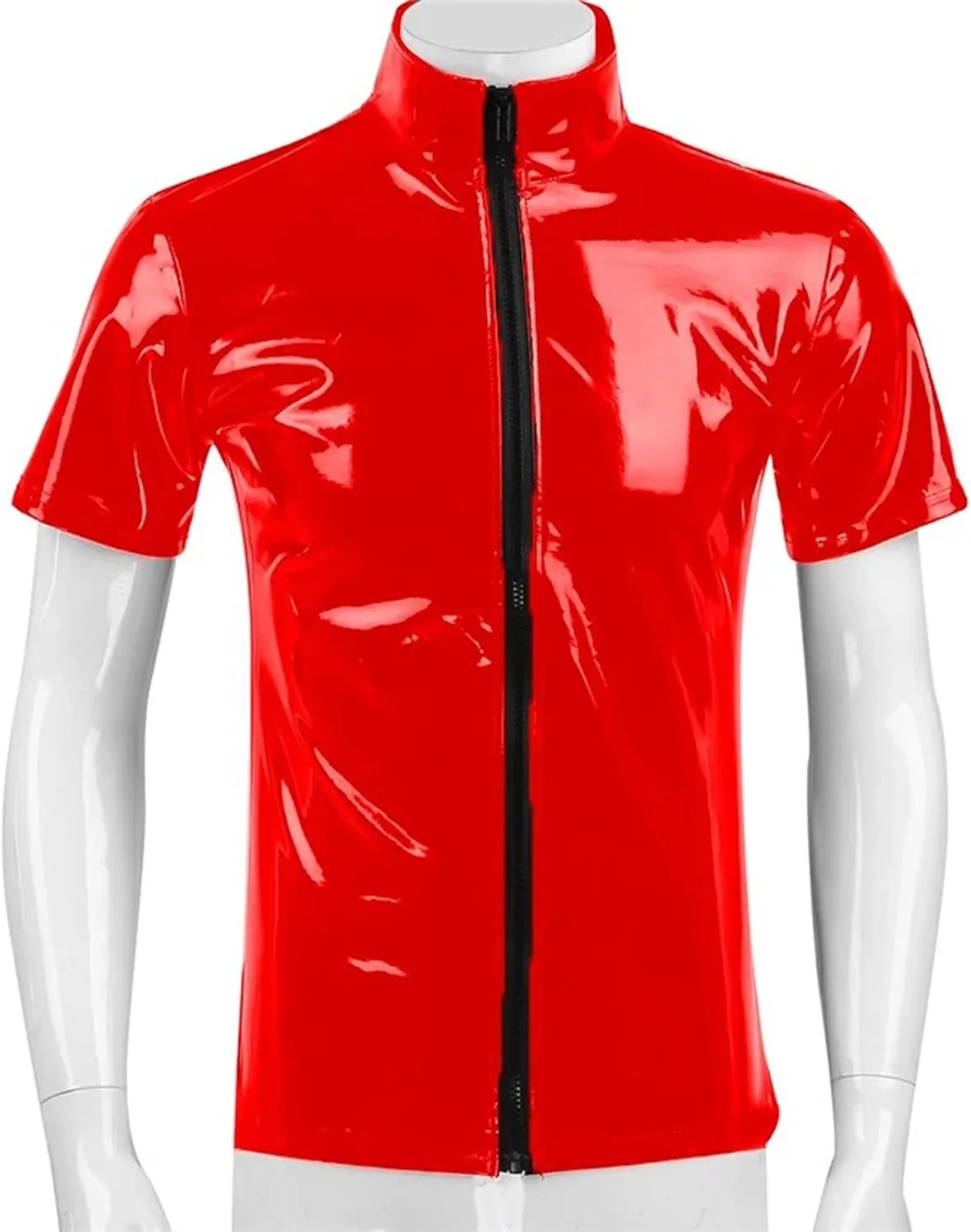 Men's Shiny Latex Patent Leather Blouse Zipper Stand Collar Vest Short Sleeve Casual Shirt Jacket Tops Clubwear