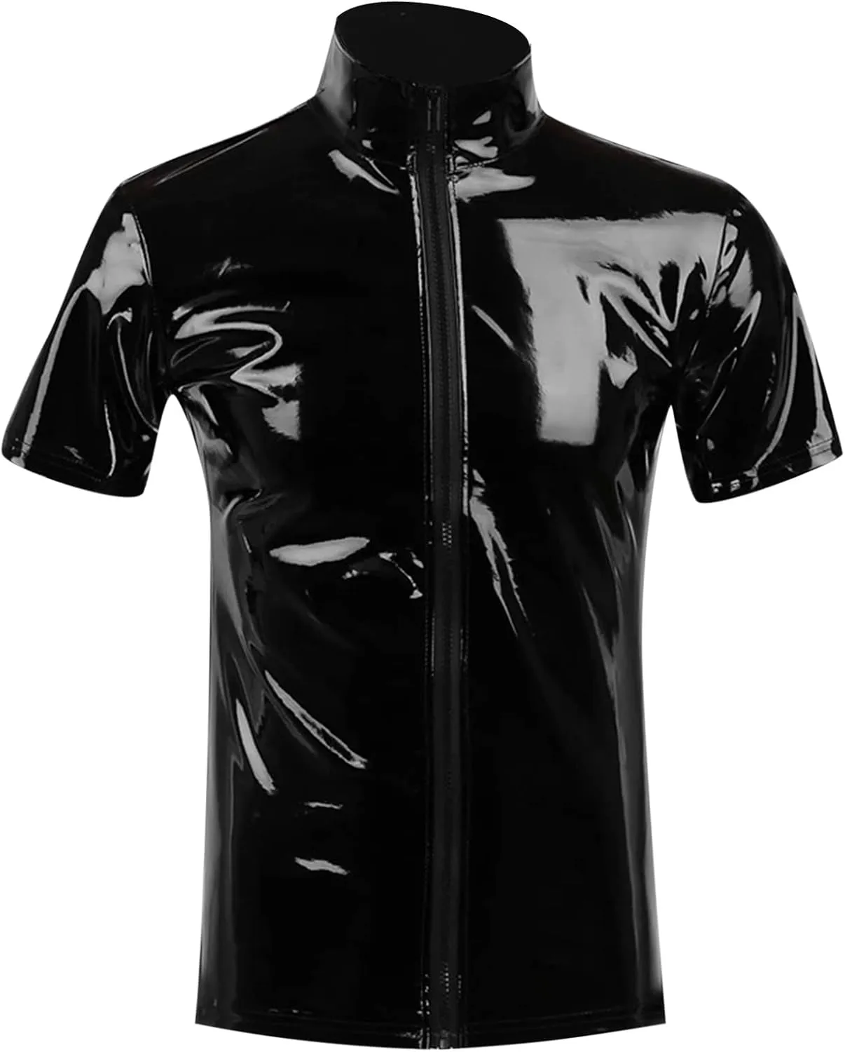 Men's Shiny Latex Patent Leather Blouse Zipper Stand Collar Vest Short Sleeve Casual Shirt Jacket Tops Clubwear