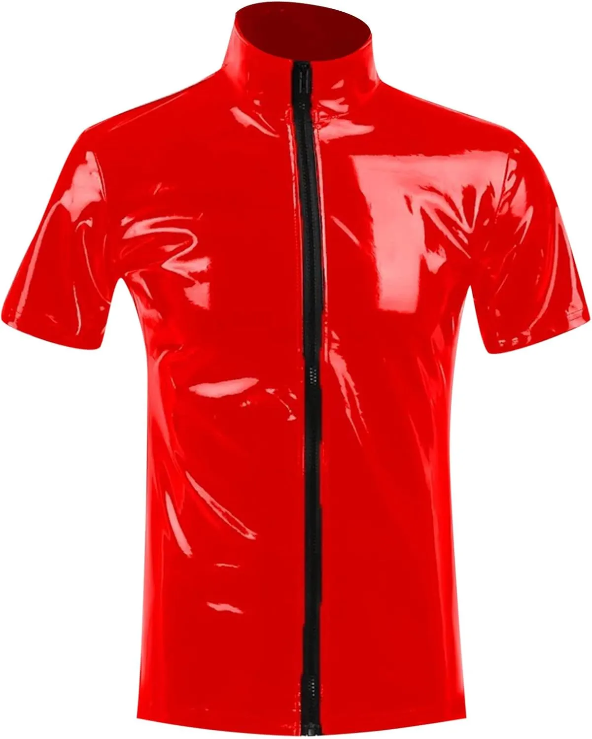 Men's Shiny Latex Patent Leather Blouse Zipper Stand Collar Vest Short Sleeve Casual Shirt Jacket Tops Clubwear