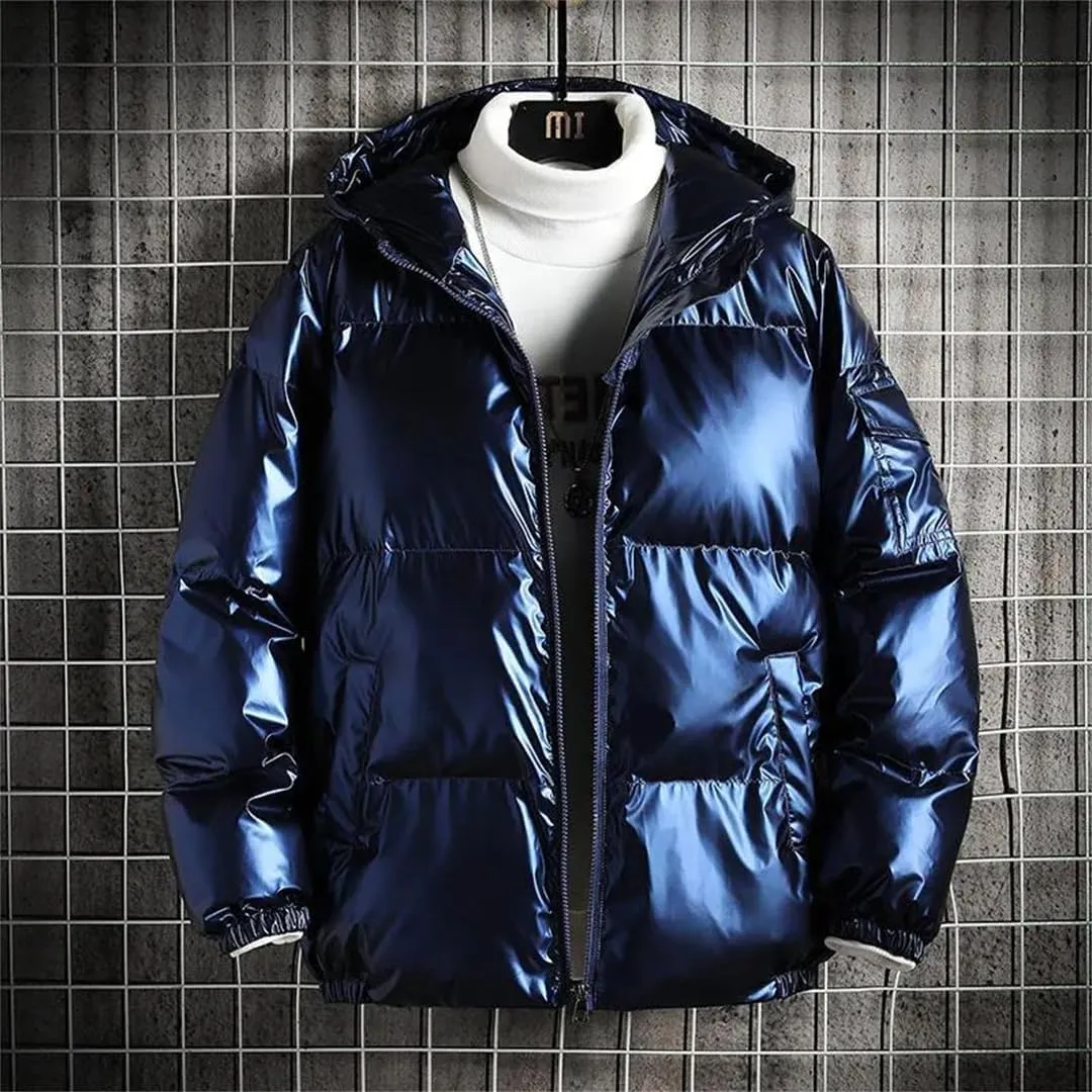 Men's Solid Color Parka Bright Thick Hooded Cotton-Padded Jacket Outwear Loosewater Proof Warm Coat Clothes