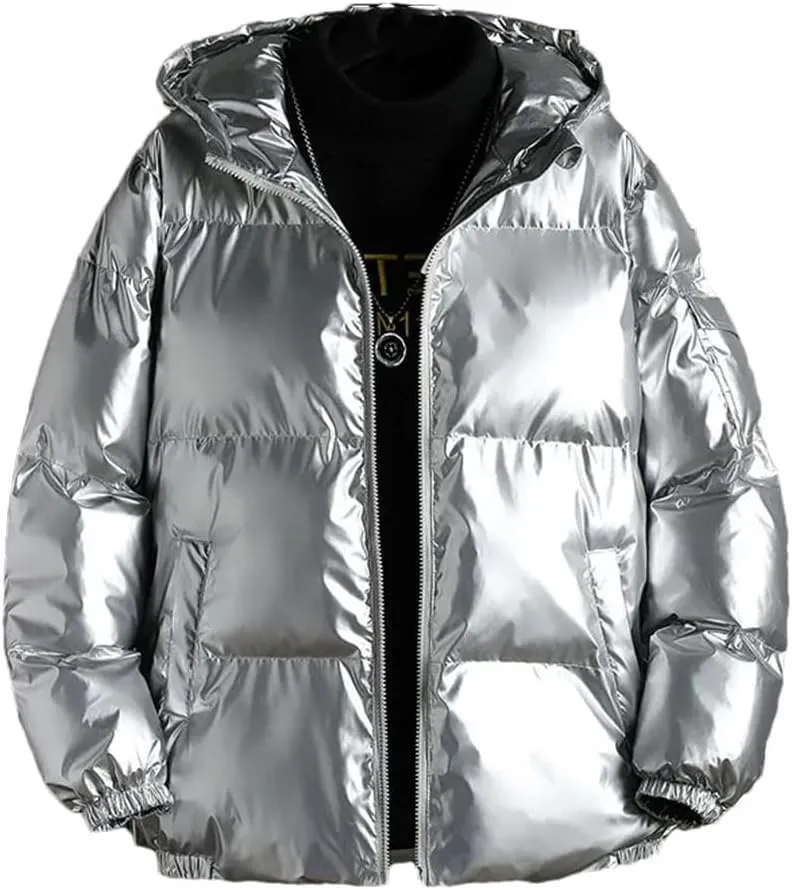 Men's Solid Color Parka Bright Thick Hooded Cotton-Padded Jacket Outwear Loosewater Proof Warm Coat Clothes