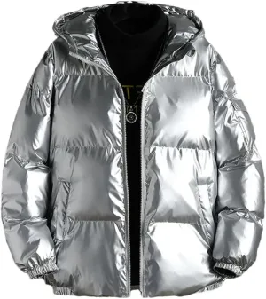 Men's Solid Color Parka Bright Thick Hooded Cotton-Padded Jacket Outwear Loosewater Proof Warm Coat Clothes