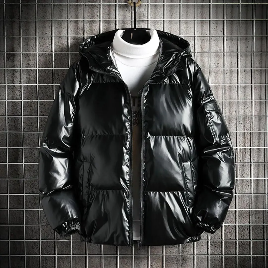 Men's Solid Color Parka Bright Thick Hooded Cotton-Padded Jacket Outwear Loosewater Proof Warm Coat Clothes