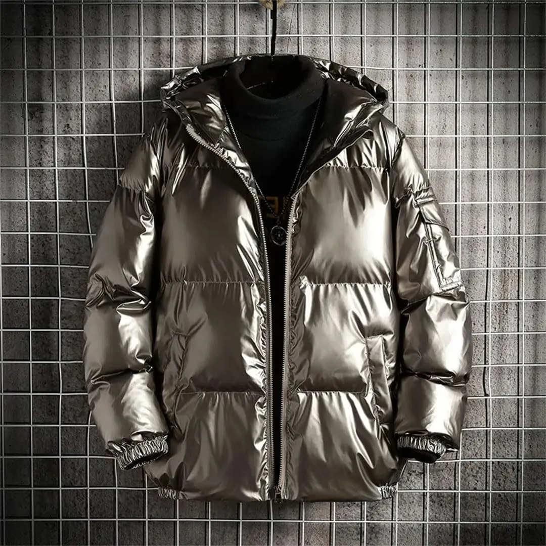 Men's Solid Color Parka Bright Thick Hooded Cotton-Padded Jacket Outwear Loosewater Proof Warm Coat Clothes