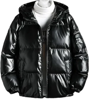 Men's Solid Color Parka Bright Thick Hooded Cotton-Padded Jacket Outwear Loosewater Proof Warm Coat Clothes