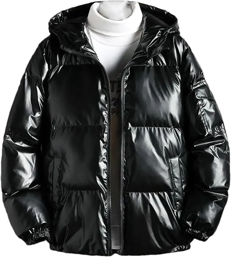 Men's Solid Color Parka Bright Thick Hooded Cotton-Padded Jacket Outwear Loosewater Proof Warm Coat Clothes