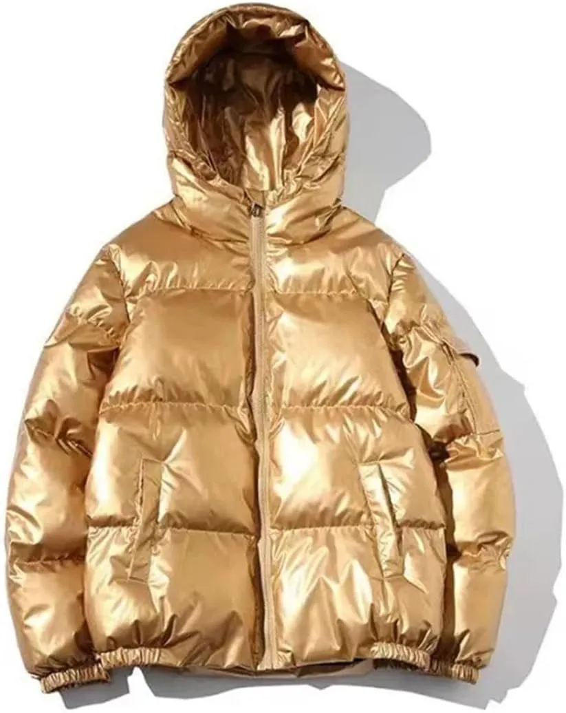 Men's Solid Color Parka Bright Thick Hooded Cotton-Padded Jacket Outwear Loosewater Proof Warm Coat Clothes
