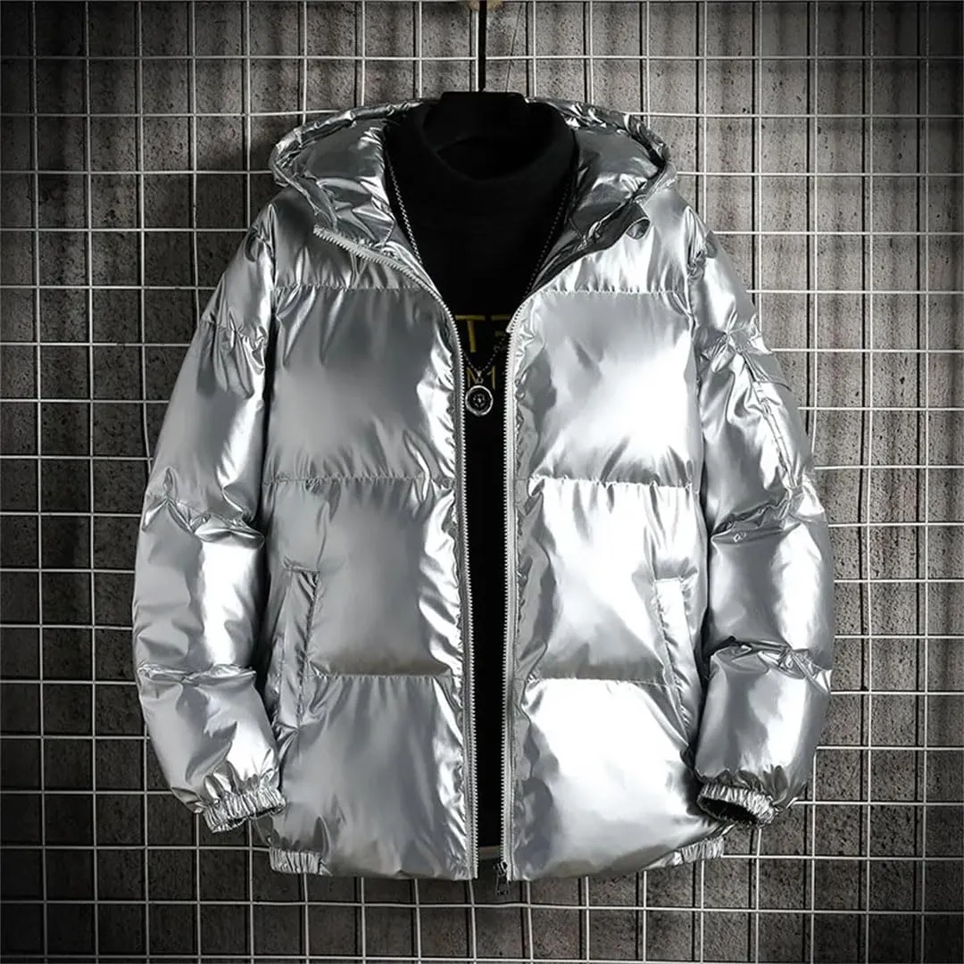 Men's Solid Color Parka Bright Thick Hooded Cotton-Padded Jacket Outwear Loosewater Proof Warm Coat Clothes