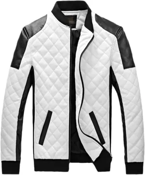 Men's Stitching Motorcycle Jacket Stand Collar Casual Slim PU Leather Jacket Winter