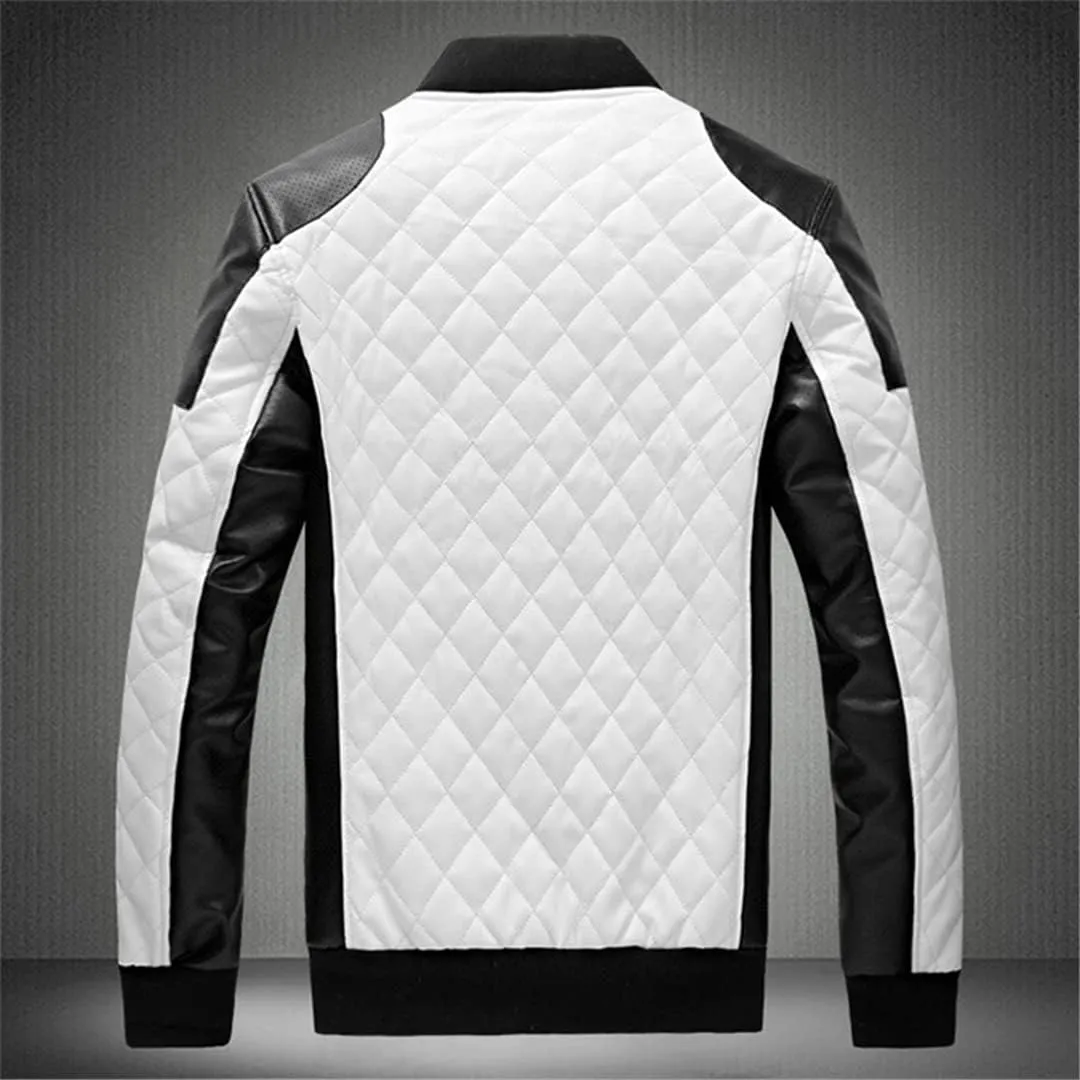 Men's Stitching Motorcycle Jacket Stand Collar Casual Slim PU Leather Jacket Winter
