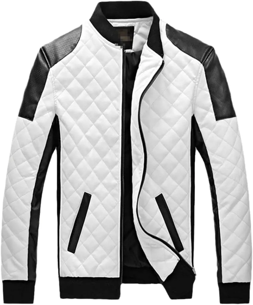 Men's Stitching Motorcycle Jacket Stand Collar Casual Slim PU Leather Jacket Winter
