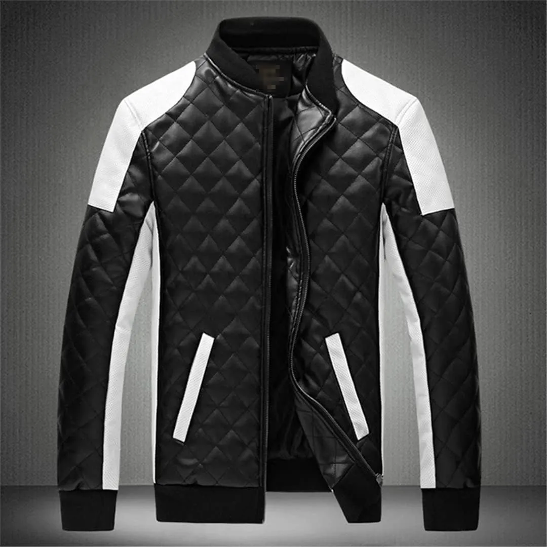 Men's Stitching Motorcycle Jacket Stand Collar Casual Slim PU Leather Jacket Winter