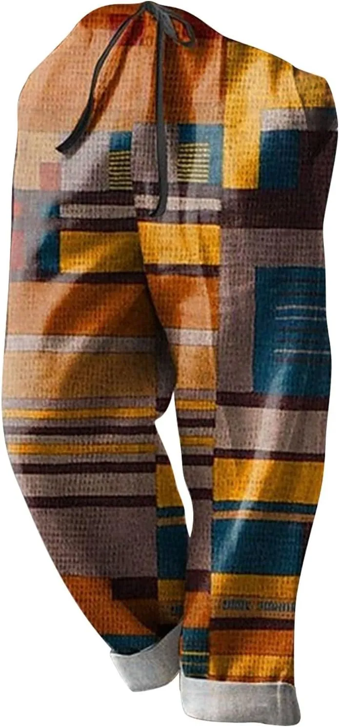 Mens Summer Beach Trousers Drawstring Elastic Waist Pattern Color Block Geometric Pants Combat Breathable Holiday Casual Pant