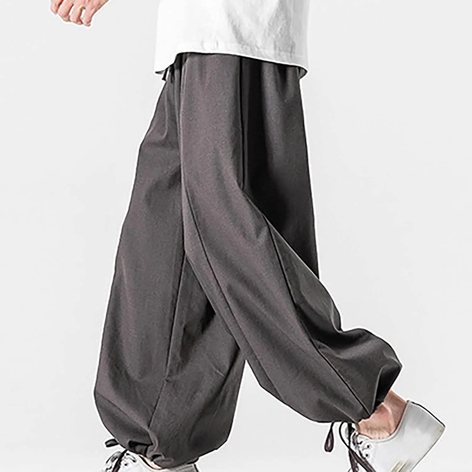 Mens Summer Linen Cotton Harem Pants Wide Leg Baggy Drawstring Bloomers Fashion Straight Leg Japanese Style Casual Trousers