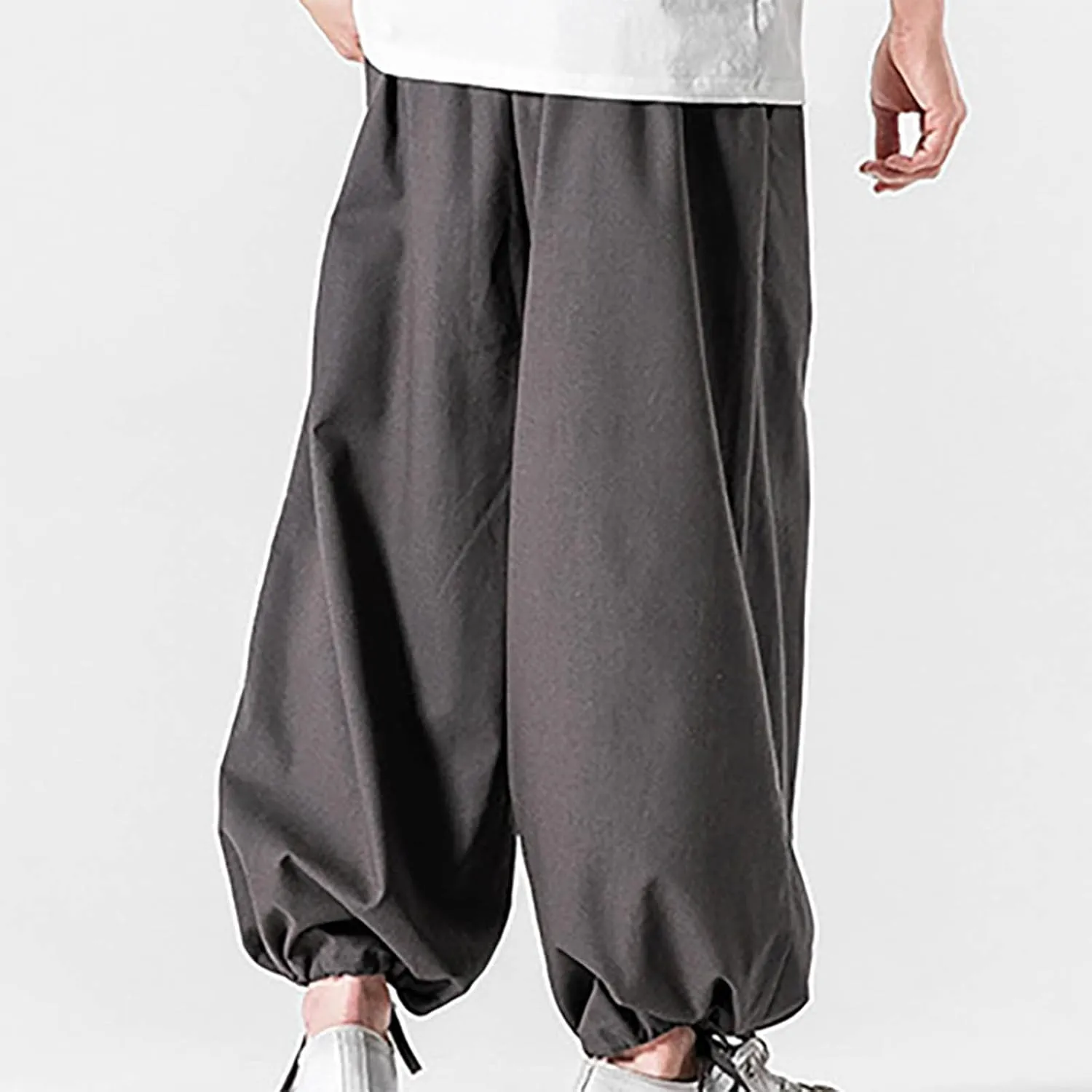 Mens Summer Linen Cotton Harem Pants Wide Leg Baggy Drawstring Bloomers Fashion Straight Leg Japanese Style Casual Trousers