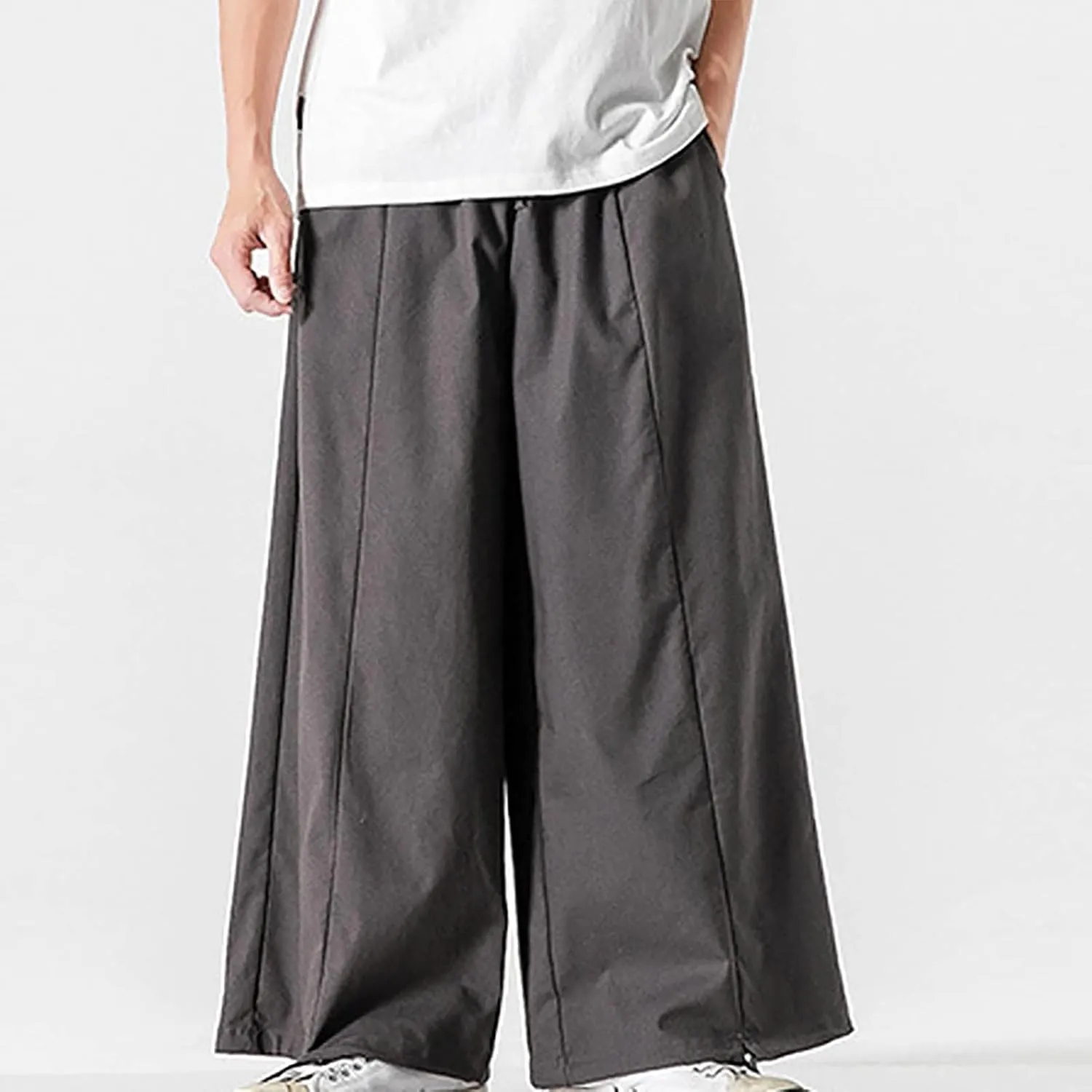 Mens Summer Linen Cotton Harem Pants Wide Leg Baggy Drawstring Bloomers Fashion Straight Leg Japanese Style Casual Trousers