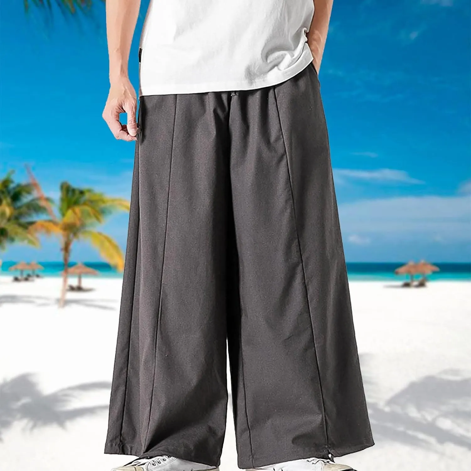 Mens Summer Linen Cotton Harem Pants Wide Leg Baggy Drawstring Bloomers Fashion Straight Leg Japanese Style Casual Trousers