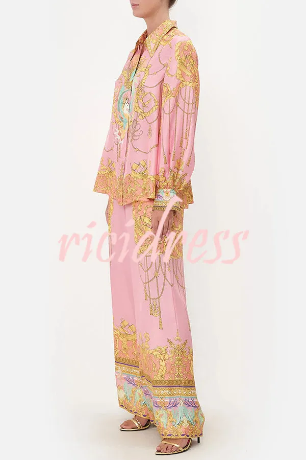 Mermaid Motel Unique Print Long Sleeve Loose Shirt and Elastic Waist Pants Set