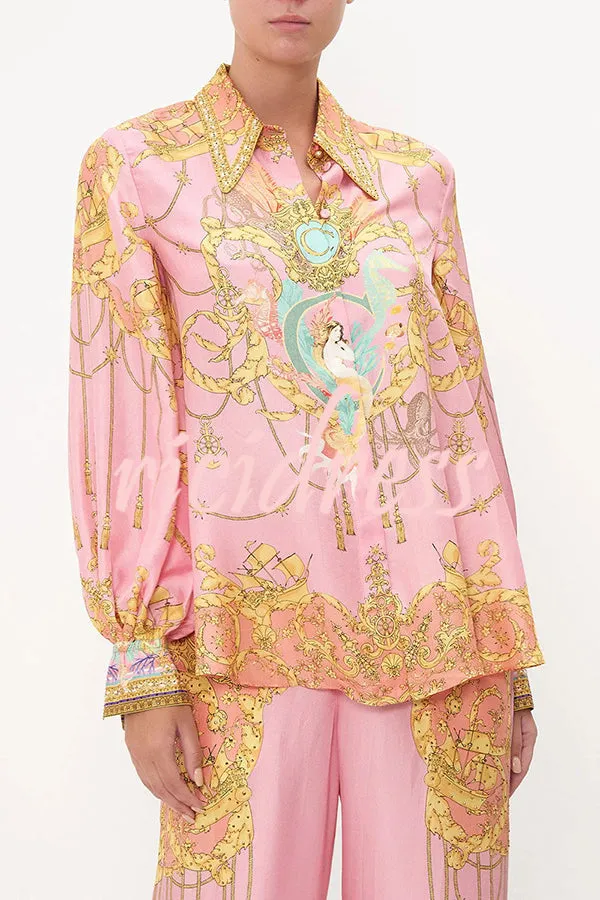 Mermaid Motel Unique Print Long Sleeve Loose Shirt and Elastic Waist Pants Set