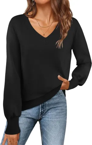 MEROKEETY Women's 2025 Fall Long Sleeve V Neck Tops Casual Lightweight Knit Pullover Sweater Shirts