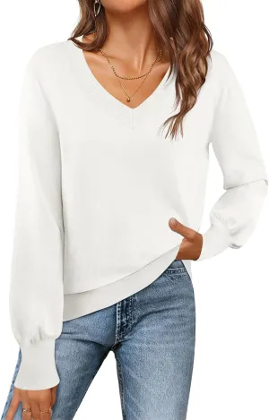 MEROKEETY Women's 2025 Fall Long Sleeve V Neck Tops Casual Lightweight Knit Pullover Sweater Shirts