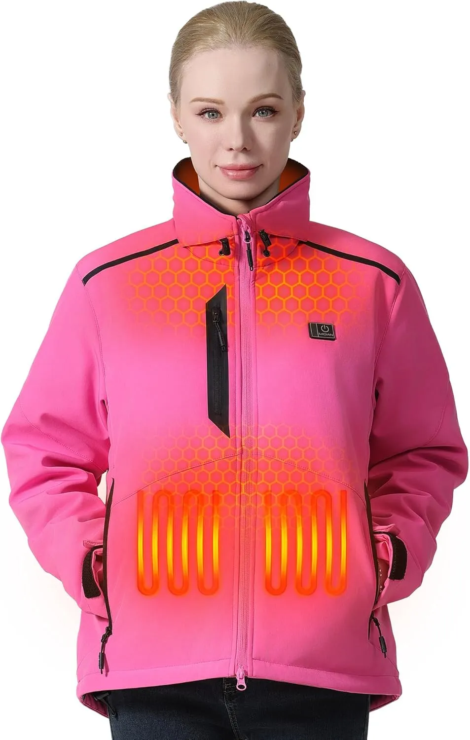 MIDIAN Heated Jacket for Women with Battery Pack Down Insulation 8 Heat Zones Soft Shell Foldable Hood Overheat Protection