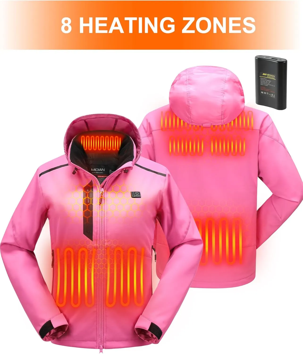 MIDIAN Heated Jacket for Women with Battery Pack Down Insulation 8 Heat Zones Soft Shell Foldable Hood Overheat Protection