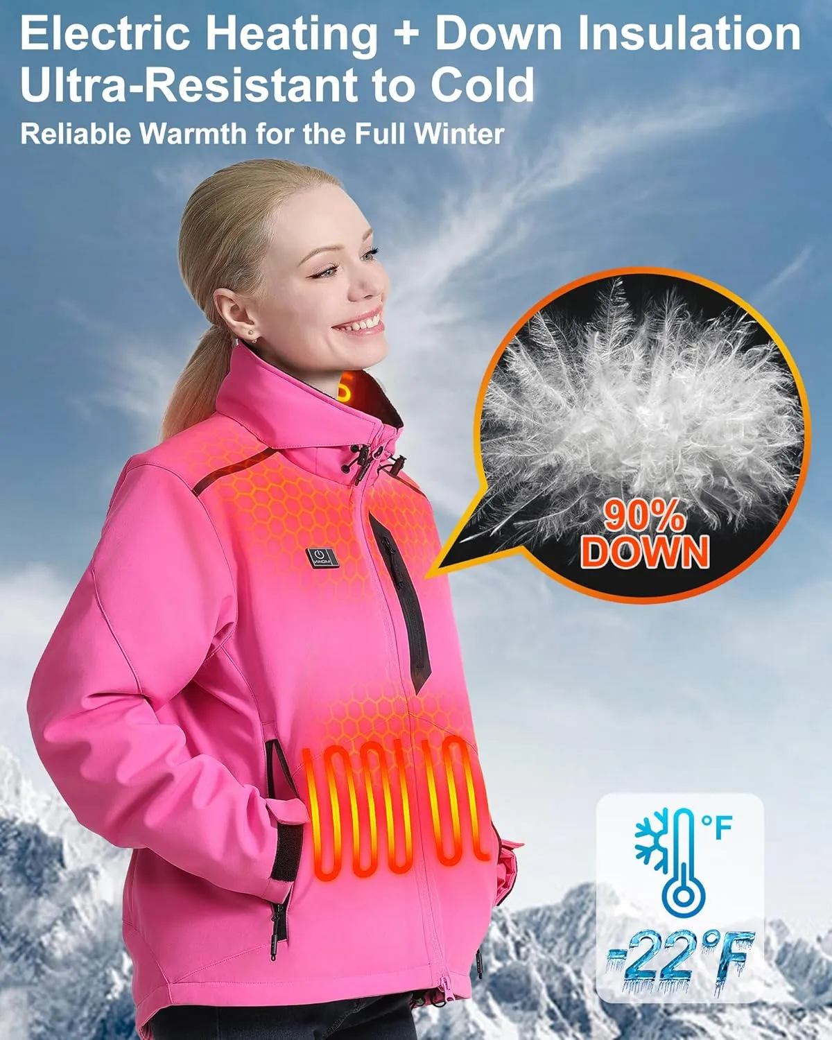 MIDIAN Heated Jacket for Women with Battery Pack Down Insulation 8 Heat Zones Soft Shell Foldable Hood Overheat Protection