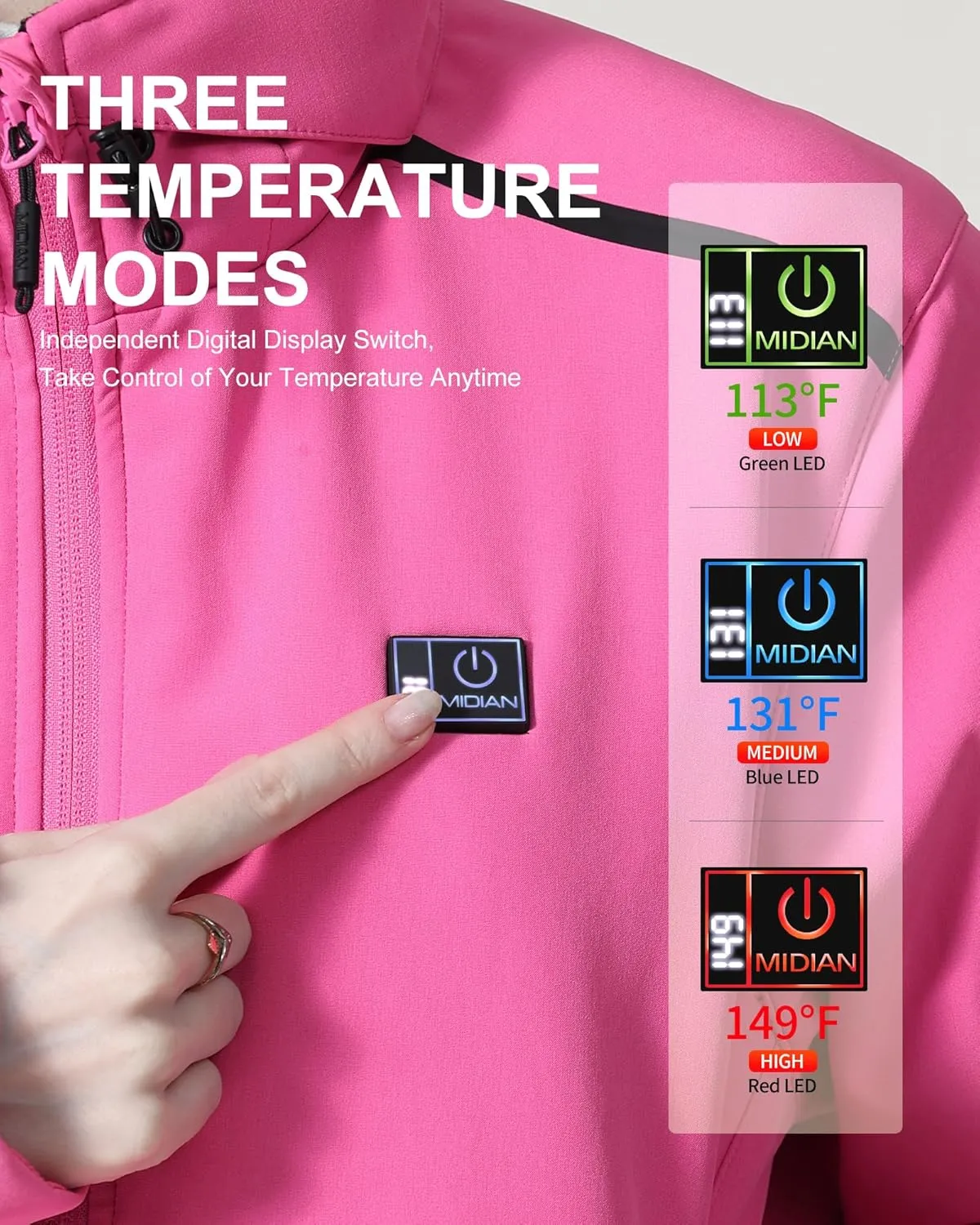 MIDIAN Heated Jacket for Women with Battery Pack Down Insulation 8 Heat Zones Soft Shell Foldable Hood Overheat Protection