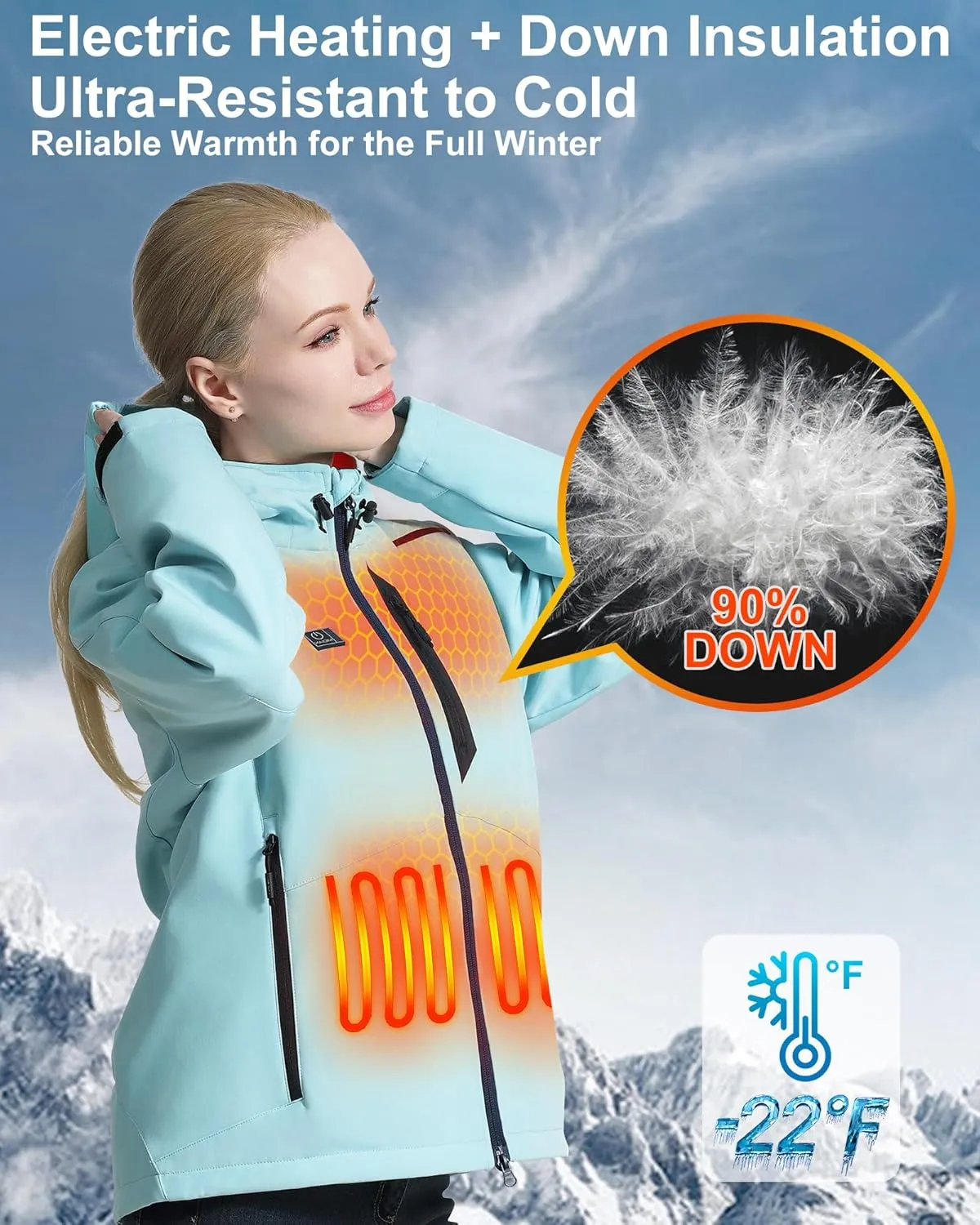 MIDIAN Heated Jacket for Women with Battery Pack Down Insulation 8 Heat Zones Soft Shell Foldable Hood Overheat Protection